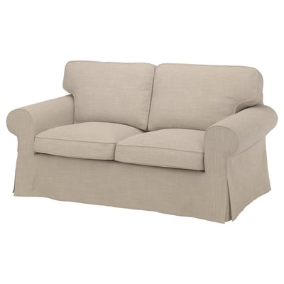 An EKTORP light beige, two-seater loveseat with rolled arms and reversible cushions.