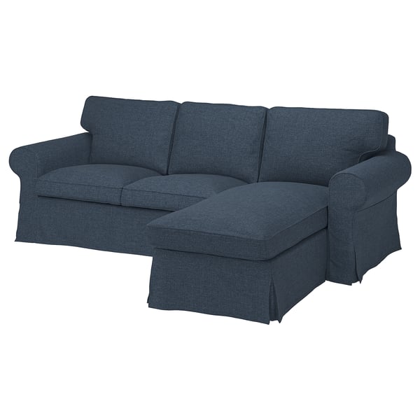 EKTORP navy blue sofa with chaise, modern curved design, comfy with reversible cushions.