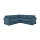 EKTORP sectional sofa, blue, with rolled arms, thick cushions.