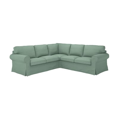 EKTORP teal corner sofa, plush cushions, l-shaped, modern design with removable cover.