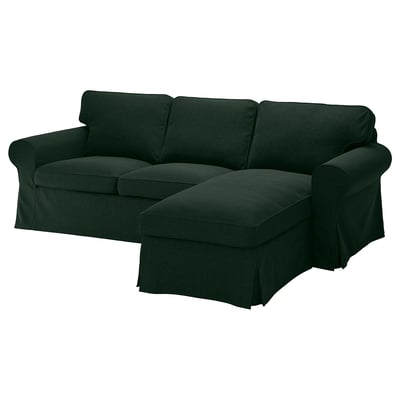 Dark green EKTORP l-shaped sofa, modern design, cosy cushions.