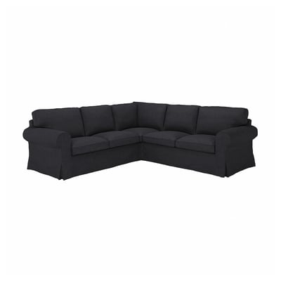 Dark gray EKTORP l-shaped sectional sofa with rolled arms and plush cushions.