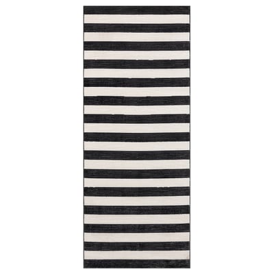 ELSYSTEM rug, black and white stripes, rectangular, soft recycled polyester, ideal for kitchen or hallway.