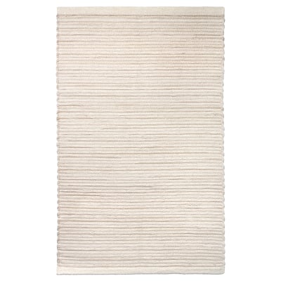 Handwoven ENERGIKÄLLA rug, neutral colors, cotton, rectangular, textured stripes.