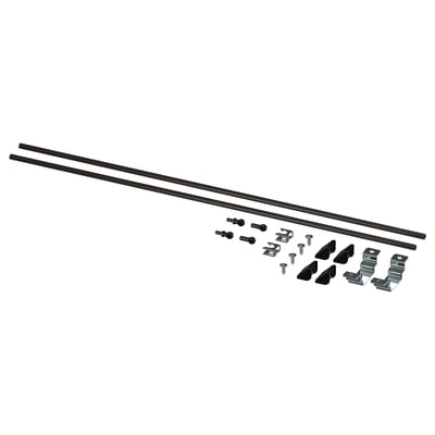 An ENHET kitchen island assembly kit. Two long black support rails, brackets, and screws in black and silver, all arranged neatly.