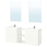 ENHET bathroom vanity with 2 sinks, cabinets, and mirrors; modern, chrome fixtures.