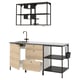 Option: Modern kitchen setup: light wood & black metal units, sink, shelves, & lights.