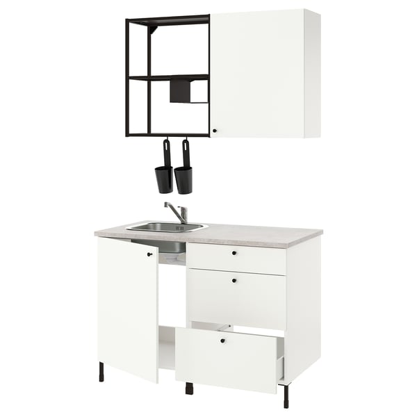 White ENHET mini kitchen with sink, drawers, and wall storage, modern design.