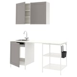 Modern kitchen set with grey & white cabinets, sink, and open shelves.