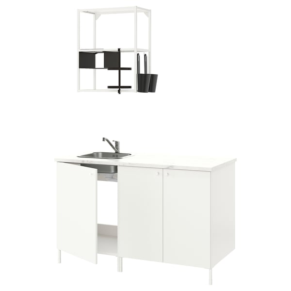 White ENHET kitchen unit with sink, wall shelf, and accessories. Modern, minimalist design for small spaces.