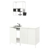 White ENHET kitchen unit with sink, wall shelf, and accessories. Modern, minimalist design for small spaces.