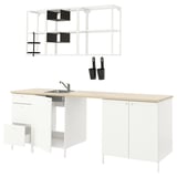 A white ENHET kitchen setup with wooden countertops, a sink, and shelves.