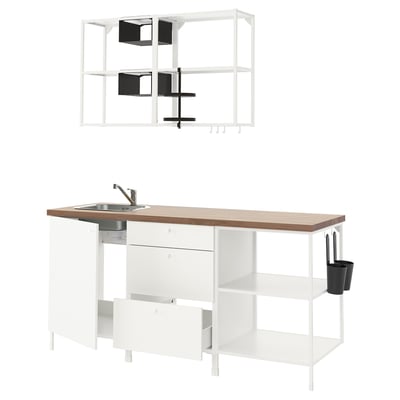 Modern white ENHET kitchen with wooden counter, metal sink, and black accents.