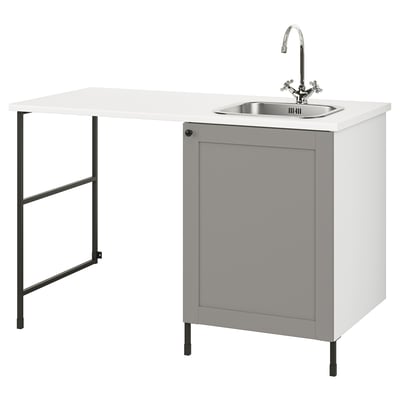 ENHET unit: modern grey cabinet with sink, chrome faucet, and workspace.