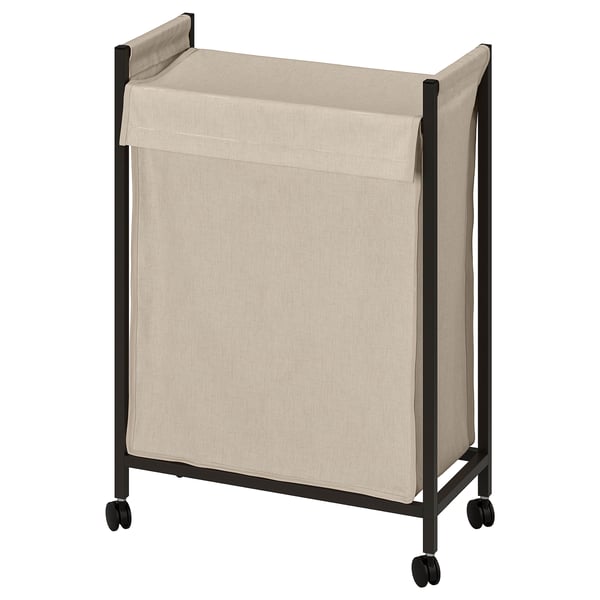 ENHET laundry bag: beige, fabric on black frame, rectangular, four wheels.