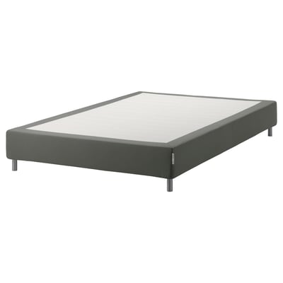 An espevar grey upholstered bed base with wooden slats and metal legs, designed to support a mattress.