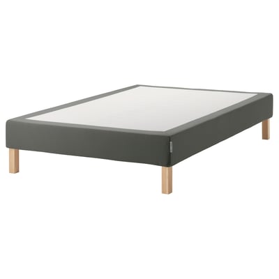 Ikea ESPEVÄR gray bed base with wooden legs, rectangular.