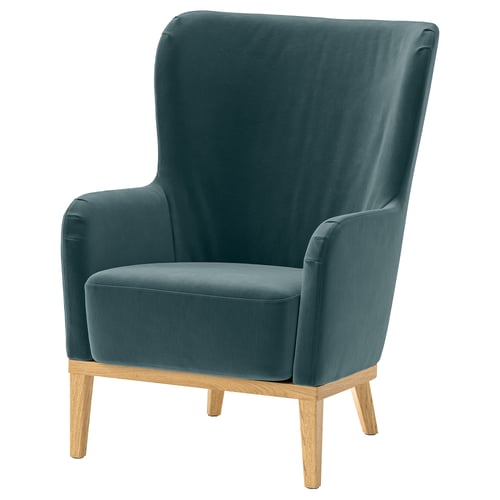 FAGERBACKEN: deep blue, high-back armchair. Wood base. Soft, recycled fabric.