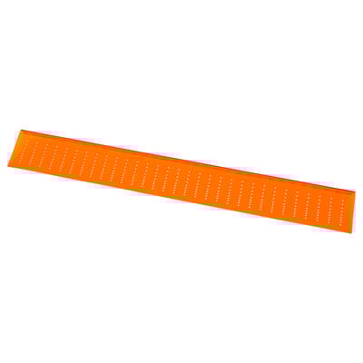 An orange, rectangular drill template with evenly spaced dots; a tool for marking precise drill holes for knobs or handles.