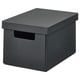 A gray FJÄDERHARV storage box with a lid, made of recycled paper. It has a rectangular shape and a handle cutout on the front for easy carrying.