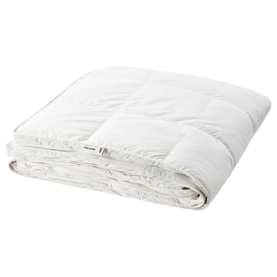 A white fjällräven duvet, thick and fluffy, folded neatly. Made of 100% cotton with down and feather filling, it offers extra warmth.