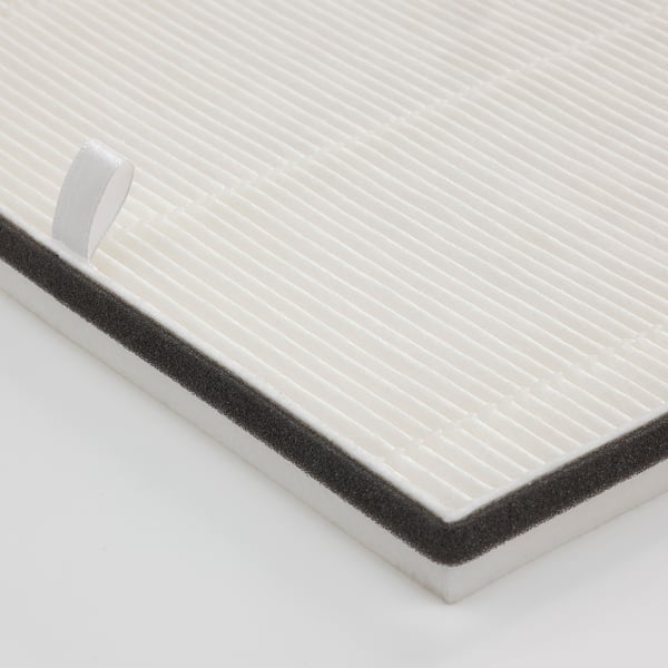 Close-up of a white air filter with textured surface and black border, showing quality design and material.