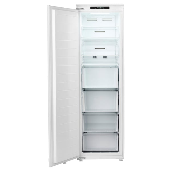 An open white upright freezer with multiple shelves by fornas.