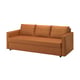 An orange FRIHETEN convertible sofa with a sleek design and built-in storage.
