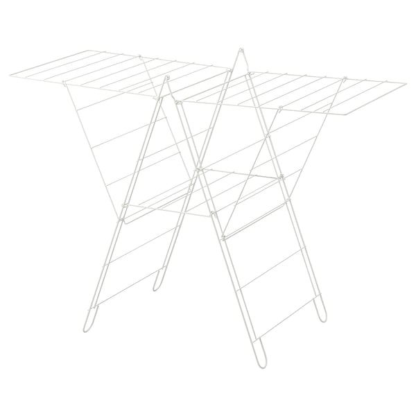 A FROST drying rack. Its white, made of steel, with an expandable frame for hanging clothes.