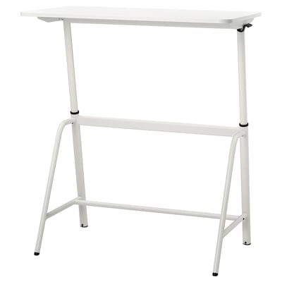 A white GLADHÖJDEN sit/stand desk with a rectangular tabletop and a metal base, designed for home offices.