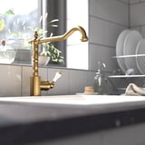 Golden GLITTRAN brass tap on marble sink, larger than depicted plant and dish rack.