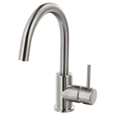 A sleek GLYPEN tap in stainless steel with a modern design and a long curved spout.