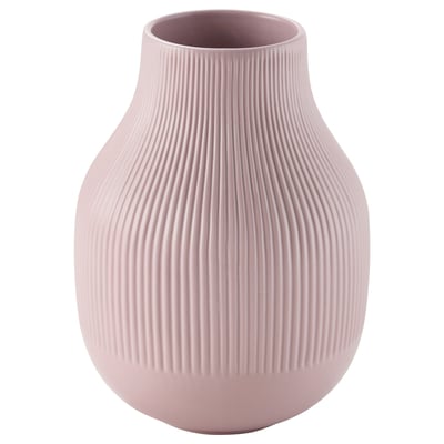 A GRADVIS vase, light pink, with a round shape and vertical grooves, made of stoneware with a pigmented glaze finish.