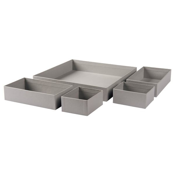 Set of gray organizational boxes in varying sizes, made from recycled paperboard.