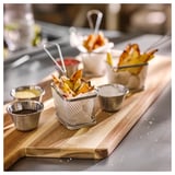 Small metal baskets filled with fried food on a wooden board, accompanied by sauce cups, perfect for serving grilled dishes at a bbq.