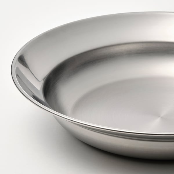 Stainless steel serving tray with smooth, rounded edges and a shiny finish. Lightweight and durable, perfect for outdoor use.