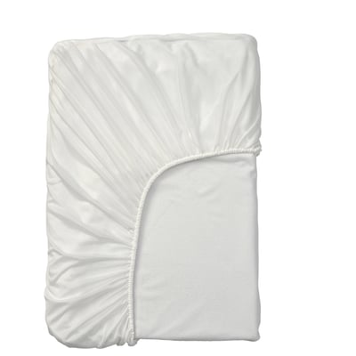 White folded mattress protector with elastic edging, made of recycled polyester and waterproof layer.