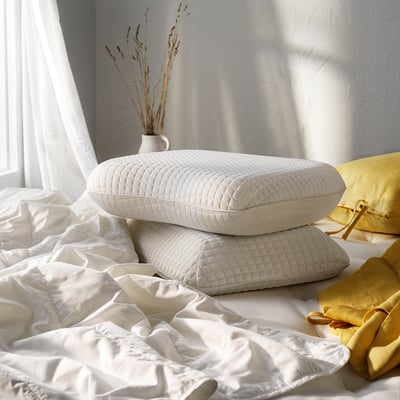 Two white, quilted pillows stacked on a bed surrounded by yellow and white bedding, with a vase of dried plants beside.
