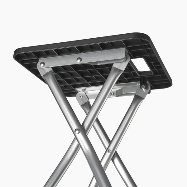 Foldable stool with metal frame, plastic seat, sturdy design.
