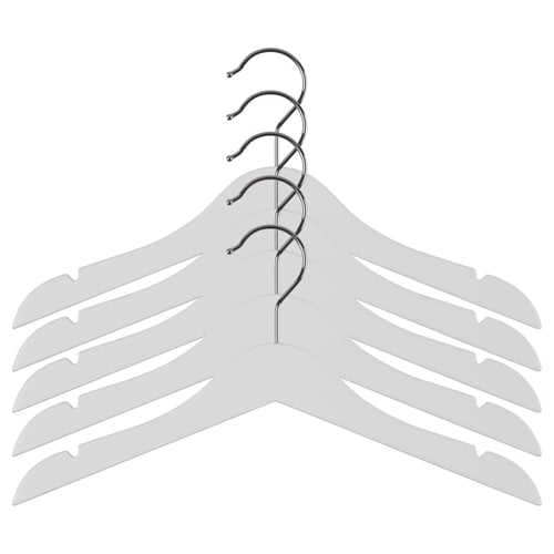Five grey plastic hangers with chrome hooks, neatly arranged in a row against a white background. Designed for childrens clothes.