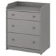 A gray HAUGA chest with three drawers. Its made of particleboard and has simple, rounded knobs. Ideal for various rooms and organizes items neatly.