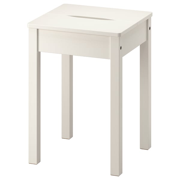 A white, square-topped, solid pine HAUGA stool with a cut-out handle, suitable for extra seating or as a side table.
