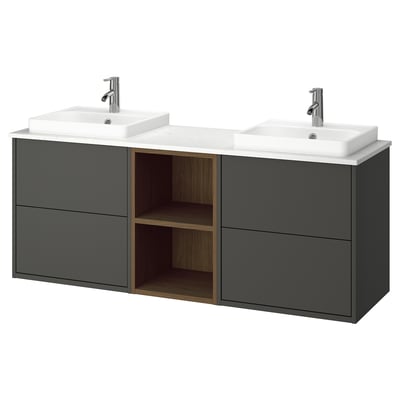 HAVBÄCK dual sink vanity, dark grey, sleek modern design with open shelving and storage, includes white countertop and two square ceramic basins.