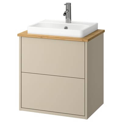 HAVBÄCK beige wall-mounted bathroom cabinet with square white basin and chrome faucet.