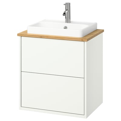White HAVBÄCK bathroom vanity, rectangular sink, wooden top, wall-mounted.