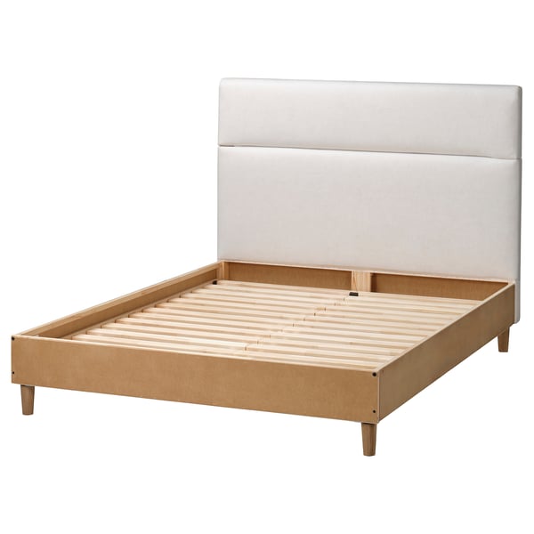 An ikea HEMFJÄLLET bed. It a light grey headboard and a light wooden frame with square legs in a minimalist design.
