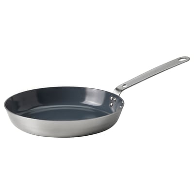 Gray non-stick ceramic frying pan with stainless steel exterior and handle.