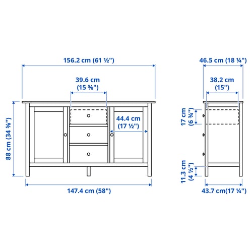 Illustration with measurements for the product: HEMNES.