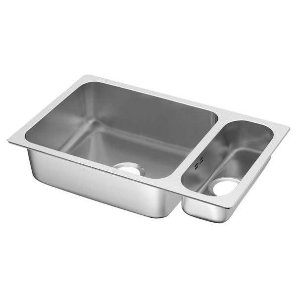 Double-basin stainless steel sink, rectangular shape, with sound-absorbing foam.