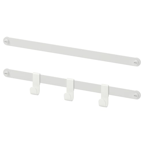 Two white HJÄLPA rail organizers with hooks. One rail has three hooks, the other is empty.